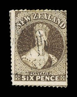 6d. brown, a large example showing traces of adjoining stamps at left and at foot, clear roulettes all round, lightly cancelled 1 at Auckland. A very fine example. R.P.S.
Certificate (2000) states 6d. black-brown. Unlisted by Scott S.G. 67n