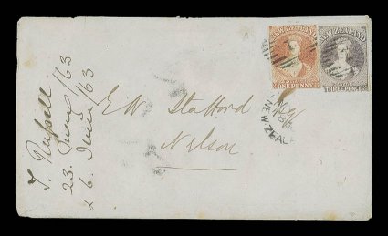 1863 (28 May) ½oz.-1oz. envelope ex the Stafford correspondence from Auckland to Nelson, bearing 3d. brown-lilac with serrates clearly defined at left and at foot, in
combination with 1862 imperf. 1d. orange-vermilion, each cancelled 1 with