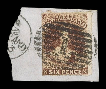 6d. red-brown showing roulettes, or traces thereof, on all sides, cancelled 1 in oval of bars at Auckland and hinged on piece showing small portion of c.d.s. alongside. R.P.S.
Certificate (2000). Unlisted in Scott S.G. 67r var. The sole exampl