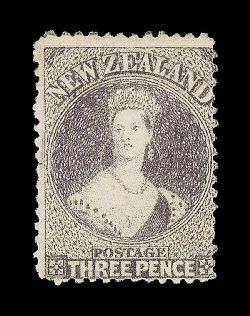 3d. brown-lilac, fresh unused without gum, good color small green mark on reverse of one perf. at top. An attractive example of this scarce stamp. Holcombe Opinion (1988). Sc.
18 S.G. 74, £1,900. provenance: Chalon, June 1969 Antipod