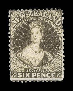 6d. black-brown, a fresh and well-centered example, unused without gum. A fine example of this scarce stamp. R.P.S. Certificate (1962). Holcombe Opinion (1988). Sc. 19b S.G.
75, £75, £1,500. provenance: R.C. Agabeg, March 1971 Antipodes
