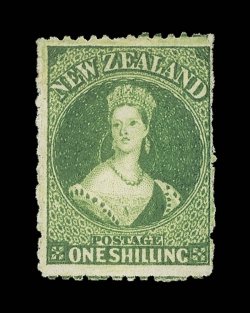 1- deep green, a large example in a lovely rich color, fresh unused without gum. Most attractive and surely one of the finest examples of this rare stamp known. R.P.S.
Certificate (1959). Sc. 20a S.G. 79, £2,000. provenance: Antipodes