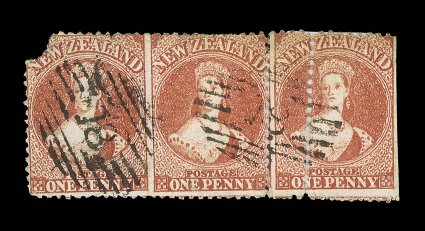 1d. orange-vermilion, a horizontal pair imperforate between and a single with an additional vertical row of perforations at center and imperforate at right, twice cancelled 18
at Dunedin and affixed on fragment of a blue envelope the left-