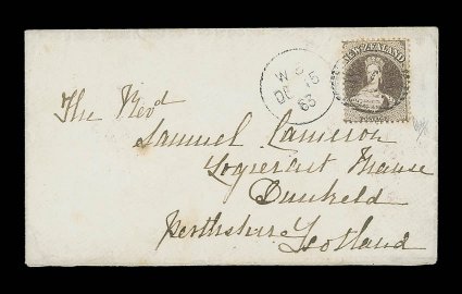 1863 (15 Dec.) envelope from Waianiwa to Dunkeld, bearing 6d. black-brown perforated such that the value is completely missing at foot, cancelled 7 in oval of thin bars and
with w3 c.d.s. alongside, the reverse with two Invercargill, Sout