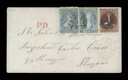 1864 (16 Apr.) envelope to Menzonio, bearing 2d. pale blue (2, both a showing slight plate wear) and 6d. red-brown indistinctly cancelled 070, showing unframed p.d. and French
entry c.d.s. (11.6) in red, the reverse with Dunedin c.d.s.