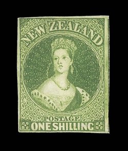 1- deep green, unused without gum, lovely fresh deep fresh brilliant color, good to large margins showing portion of adjacent stamp and burr rubbing at right. An outstanding
example of this exceptionally rare stamp. R.P.S. Certificate (1976). Sc