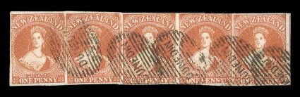 1d. orange-vermilion, a horizontal strip of five with just clear to very large margins all round and showing portion of adjoining stamp at right, all the more remarkable given
the miss-alignment of the impressions from left to right, neatly cance
