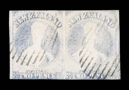 2d. ultramarine, a horizontal pair with exceptionally large margins on the vertical sides and showing portion of adjoining stamp at right, close margins at foot and just clear
or touched at top, each clearly to lightly cancelled with indistinct n