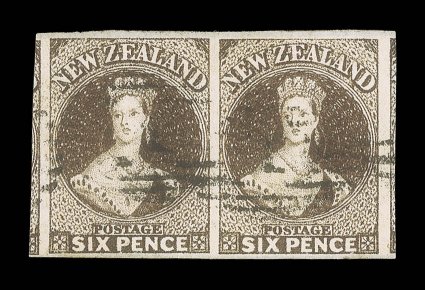 6d. black brown, a horizontal pair with good to enormous margins all round and showing portion of adjoining stamps at left and at right, each neatly cancelled 1 at Auckland a
vertical crease between the stamp does not detract from the appearan
