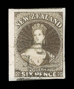 6d. black-brown, an enormous single showing sheet margin at left, traces of adjoining stamps at top and at foot, and a large margin at right, neatly cancelled 1 at Auckland
clear of the Queens face. A superb and quite extraordinary example. Al