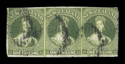 1- deep green, a horizontal strip of three with some burr rubbing between the impressions, clear to very large margins nearly all round, indistinct numeral cancellations
traces of creasing and the center stamp with small split at top, however g