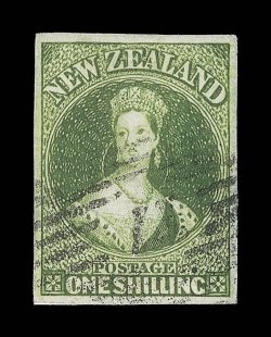 1- deep green, large balanced margins and cancelled 17 at Christchurch New Zealand written in ink on reverse. A fine looking stamp. Holcombe Certificate (1992). Sc. 25b S.G.
86, £1,100. provenance: Michael Stephens, January 193
