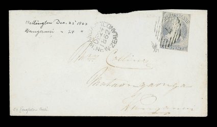 1862 (22 Dec.) envelope from Wellington to Wanganui, bearing 2d. pale ultramarine with clear to large margins on three sides, touched at top, neatly cancelled 7 and with
arrival c.d.s. (24.12) towards left alongside recipients notes in ink, ne