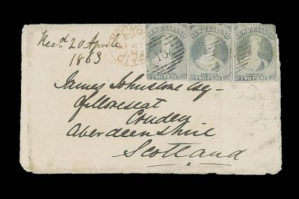 1863 (16 Feb.) envelope from Port Chalmers to Scotland, bearing 2d. pale ultramarine (3) with two, three or four good to large margins, twice cancelled 18 and with the
left-hand example tied by London Paid c.d.s. (17.4) in red, despatch and Elg