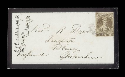 1863 (24 Apr.) mourning envelope from Auckland to Tetbury, bearing 6d. black-brown with good to large margins and indistinctly cancelled 1, overlapping despatch and arrival
(4.7) c.d.s. on reverse. Fine. Sc. 24 S.G. 85. provenance: H.