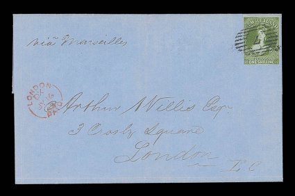 1863 (12 May) entire from Wellington via Marseilles to London, bearing 1- deep green in a lovely bright shade with large margins mostly all round, very close or touched at two
points, neatly cancelled 7 and showing London Paid c.d.s. (16