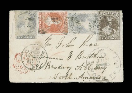 1863 (14 Mar.) envelope from East Taieri, Otago to Albany, New York, bearing 1d. orange-vermilion and 6d. black-brown, both with clear to enormous margins and showing traces
of other stamps, in combination with perf. 13 at Dunedin 2d. pale ultram