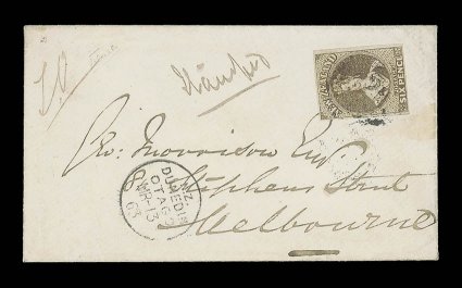 1863 (13 Mar.) envelope from Warepa via Dunedin to Melbourne, bearing 6d. black-brown with good to large margins, placed sideways and indistinctly cancelled 020 in oval of
bars, showing Dunedin transit c.d.s. (13.3) at foot, fine despatch and a