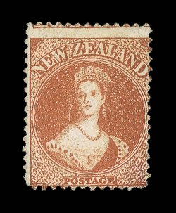 1d. orange-vermilion, unused without gum, eccentrically centered resulting in no value appearing at foot, fresh bright color small violet handstamp on reverse, which just
shows through to face at lower right corner, does not detract from the fin