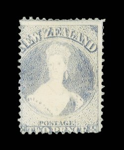 2d. ultramarine, unused without gum, good color for this delicately-shaded stamp small inclusion at right which barely affects the appearance of this fine example. A very rare
stamp. R.P.S.N.Z. Certificate (1996). Sc. 22a S.G. 91, £7,000.