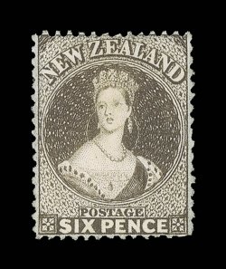 6d. black-brown, well-centered and fresh unused without gum, good strong rich color. Almost certainly one of the finest examples of this very rare stamp. R.P.S.N.Z.
Certificate (1996). Sc. 24a S.G. 93, £5,500.