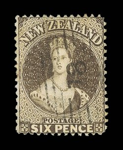 6d. black-brown, a well-centered example showing stitch watermark in two lines across the stamp, neatly cancelled 18 at Otago fractional soiling at top though of fine
appearance and a rare variety. Holcombe Opinion (1988). Sc, 24a var. S.G.