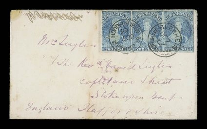 1863 (7 Oct.) envelope from Blenheim via Marseilles (deleted subsequent to use) to Stoke-on-Trent, bearing 2d. dull deep blue horizontal strip of three with clear to very
large margins and showing an exceptional vertical overlap at left