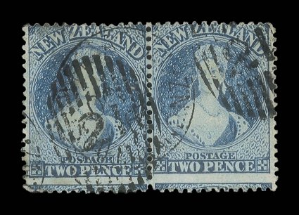2d. dull deep blue, a horizontal pair cancelled with two part strikes of the Invercargill 21 duplex the left-hand stamp a little soiled though an attractive and scarce
multiple. B.P.A. (1987) and R.P.S. (2001) Certificates. Sc. 26 S.G. 96a, £