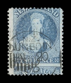 2d. dull deep blue in a rich shade, an eccentrically off-center example showing large portion of the adjoining stamp at foot, cancelled with part Dunedin c.d.s. for 20 June
1863 and with small part otago in bars unusual. Sc. 26 S.G. 96a