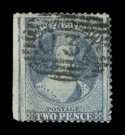 2d. dull deep blue, a large example with wide margins on the vertical sides, that at left showing frame-line of adjoining stamp caused by a vertical overlap, neatly cancelled
O 37 at Mount Ida thins in places though of very fine appearance and