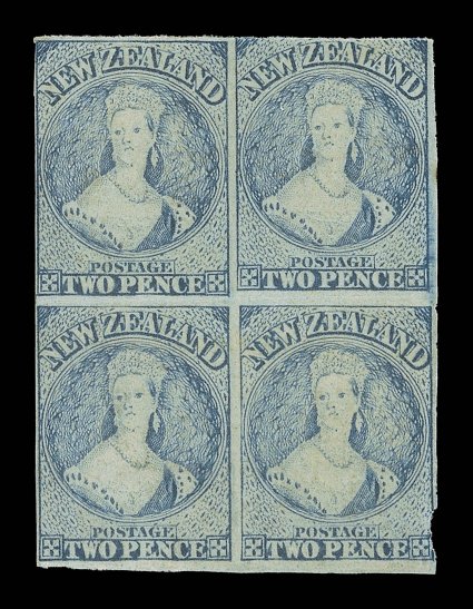 2d. pale blue (Plate I, worn), a block of four in a deep rich shade, unused with large part original gum, pin-pricked with black marks, clear to large margins mainly all round
though touched on a couple of sides and the lower right stamp with sma
