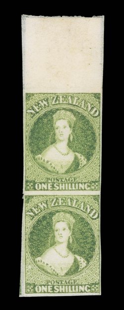 1- green, a vertical marginal pair from the top of the sheet, Row 1-25 with Row 15 showing re-entry, unused with nearly full original gum, 20mm. sheet margin at top and with
good to very large margins elsewhere, lovely fresh color and in remar