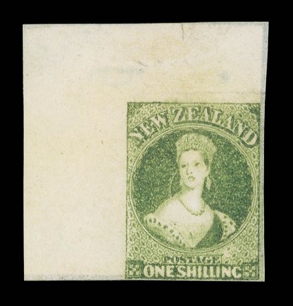 1- green, an upper left corner example, unused with trace of original gum, 11mm. sheet margin at top and 15mm. sheet margin at left, clear to large margins on the other two
sides. A quite remarkable example and a wonderful exhibition item. B.P.A