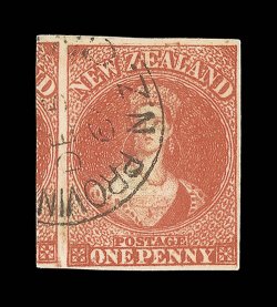1d. carmine-vermilion, Row 186 with re-entry, a very large example with 3½mm. margin at left showing significant portion of adjoining stamp and with good to large margins
elsewhere, neatly cancelled with part province of aucklandn.z. c.