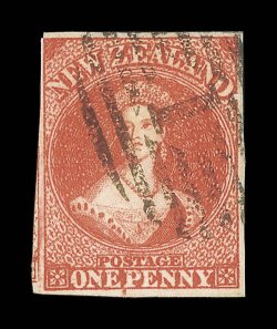 1d. carmine-vermilion, Row 1710 with re-entry, just clear to very large margins showing trace of adjoining stamp at left, neatly cancelled with large 1 in oval of bars at
Auckland fine. Sc. 27 S.G. 97, £350.