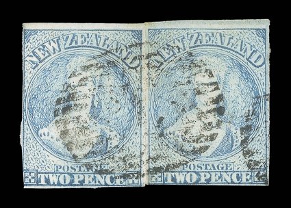 2d. pale blue (Plate I, worn), a horizontal pair severed between and rejoined, just clear to very large margins nearly all round, indistinct cancellations traces of soiling at
top, otherwise sound. A rare multiple. B.P.A. Certificate (1990). Sc.