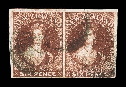6d. red-brown, a horizontal pair with marginal line watermark at left and good to enormous margins with traces of two adjoining stamps at top and at right, indistinct bar
cancellations the left-hand stamp with a small thin and light creases. Ver