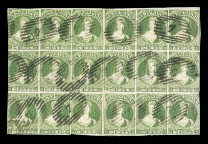 1- green, the incredible and unique block of eighteen (6x3) comprising two rejoined blocks of nine, clear to very large margins most of the way round, lightly or clearly
cancelled with many 7 obliterators at Wellington the lower row with a ho