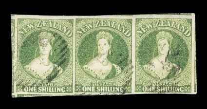 1- green, a horizontal strip of three with incredibly huge margins all round and showing portions or traces of no less than nine adjoining stamps, indistinct numeral
cancellations traces of creasing in places and the right-hand stamp with small