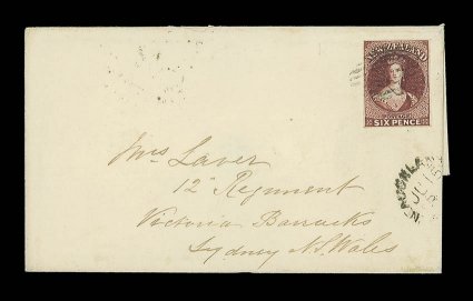 1864 (15 June) entire ex the Laver correspondence from Auckland to Sydney, New South Wales, bearing 6d. red-brown with clear to large margins an lightly cancelled 1, part
despatch c.d.s. below the adhesive and showing, on reverse, fine 