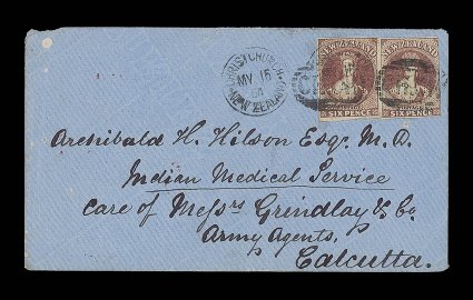 1864 (16 May) double rate envelope from Christchurch to a member of the Indian Medical Service, sent care of Grindlay & Co., Army Agents at Calcutta, bearing 6d. red-brown (2,
one with good to large margins and one with clear to large margins mai