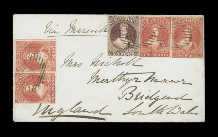 1864 (29 Nov.) envelope Via Marseilles to Bridgend, Wales, bearing 1d. carmine-vermilion horizontal pairs (2, one Row 185-6 with 6 showing re-entry), both with just clear or
good to very large margins) in combination with perf. 12 ½ 6d. re