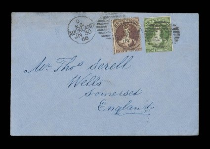 1866 (30 June) envelope from Auckland to Wells, bearing 1- green with clear to large margins, in combination with perf. 12½ 6d. red-brown, twice neatly cancelled with large 1
duplex and showing arrival c.d.s. (15.9) on reverse the 1- with li