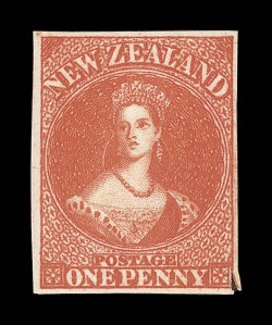 1d. carmine-vermilion, a wonderfully fresh example in a glorious refulgent color, unused without gum, well-centered with roulettes present inside the design on three sides
quite outstanding and arguably the finest example known of this very rare