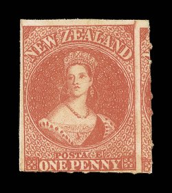 1d. carmine-vermilion with watermark inverted, a large example in a deep fresh shade, unused with part original gum, roulettes at right, with portion of an adjoining stamp,
and at foot. An attractive example of this very rare stamp. B.P.A. Certif