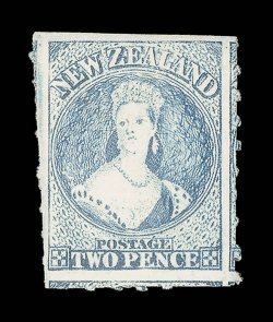 2d. pale blue (Plate I, worn), a huge and well-centered example showing portions of three other stamps and full roulettes on three sides, fresh bright color, unused without
gum. An exceptional stamp. Friedl (1952) and B.P.A. (1991) Certificates.