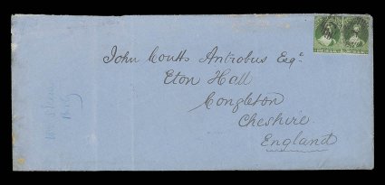 1865 (Mar.) quadruple rate envelope (252x109mm.) from Auckland to Congleton, bearing 1- green (2) each cancelled 1, the reverse with trace of a despatch c.d.s. and arrival
c.d.s. (20.5) the envelope a couple of vertical creases and small impe