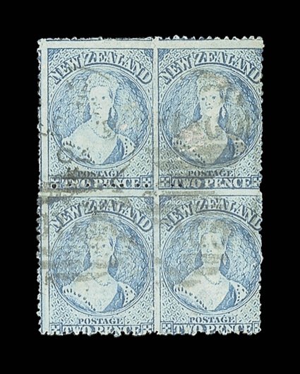 2d. pale blue (Plate I, worn), a block of four cancelled with several light strikes of the Dunedin otago duplex a few surface faults and defects though of good appearance and
a very rare multiple. Sc. 28c S.G. 105, £720+.