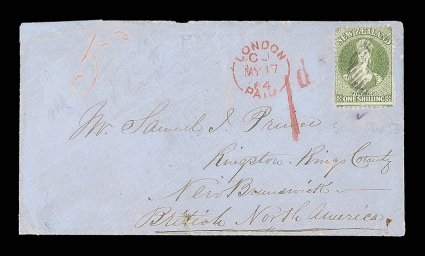 1864 (15 Mar.) envelope from Queenstown to Kingston, Kings County, bearing 1- green with part indistinct obliterator, showing manuscript 5d in red crayon and London Paid
transit c.d.s. (17.5) alongside 1d h.s., both in red, the reverse (