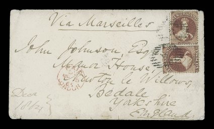1865 (5 Jan.) double rate envelope from Napier via Marseilles to Bedale, bearing 6d. red-brown (2, one affixed sideways), each cancelled 11 and with London Paid transit c.d.s.
(15.3) at left, despatch and arrival (15.3) c.d.s. on reverse